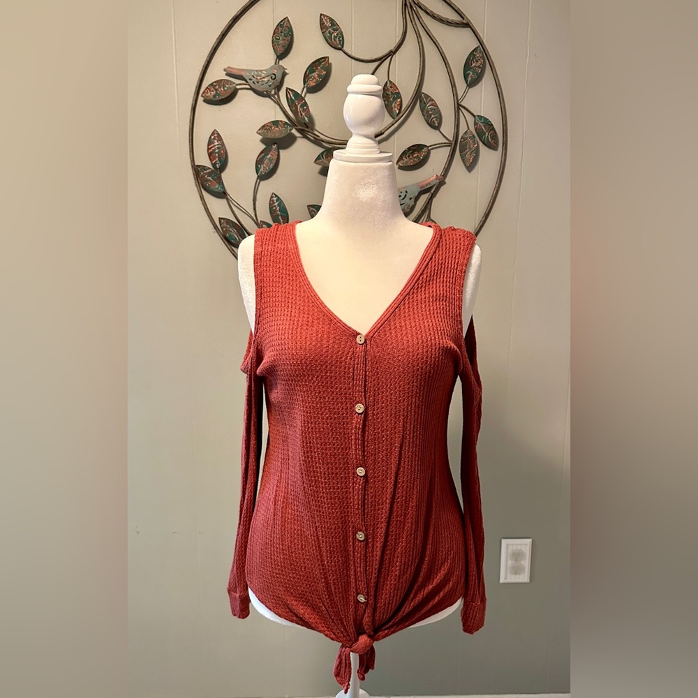 Button-Up Knit Top w/ Cold Shoulder Sleeves